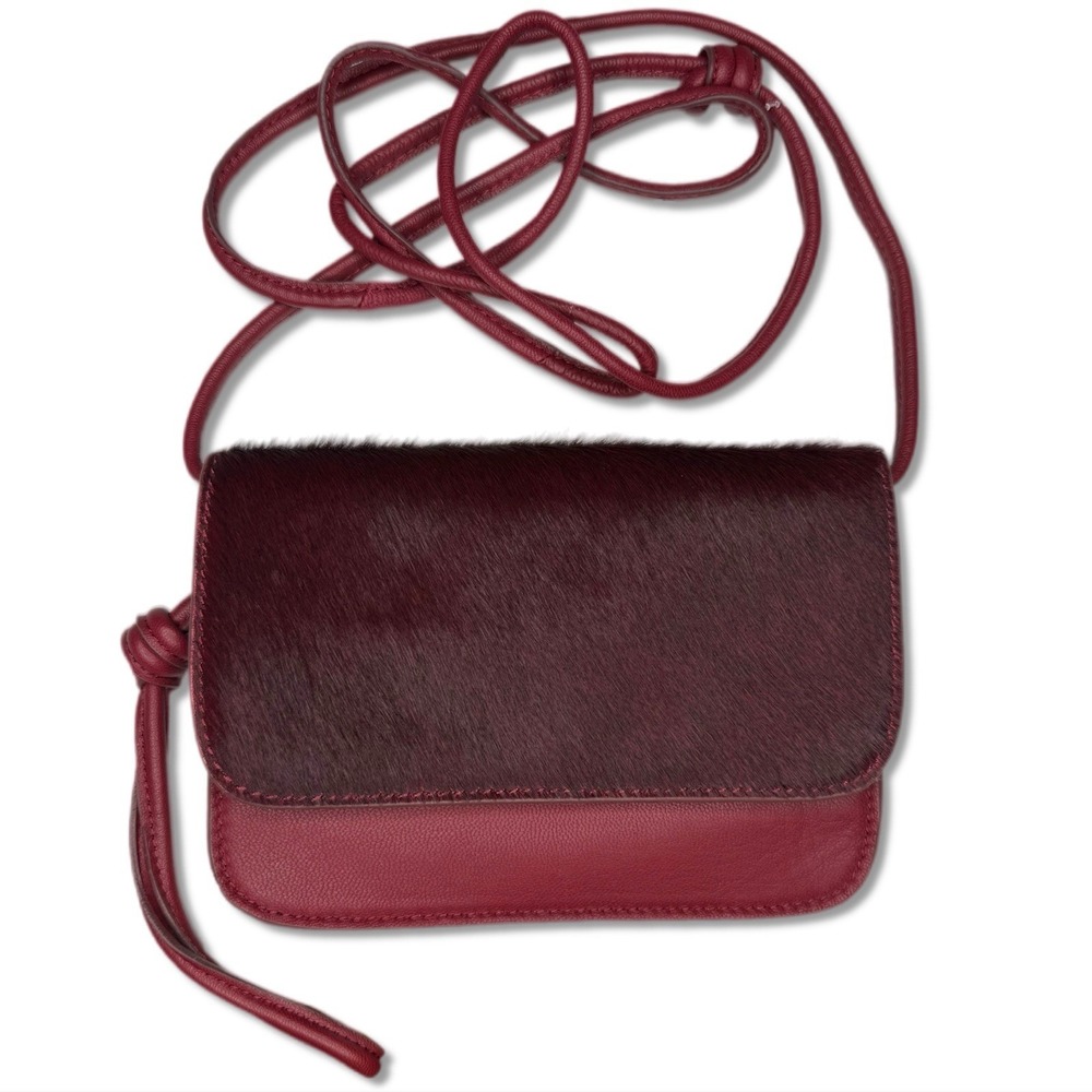 NWOT‎ Lucky Brand Burgundy Calf Hair Leather Crossbody Bag Sleek Thin Profile